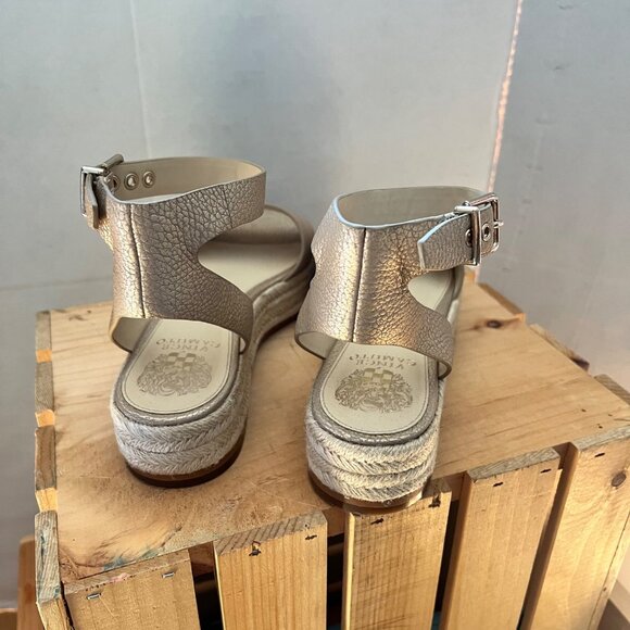 Vince Camuto Size 9 Gold Leather Kathalia Ankle Strap Flatform Espadrille Sandal - Picture 13 of 16